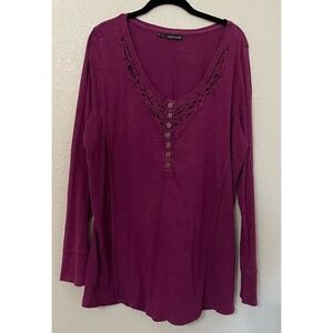 Women's Maurices Size 2 Long Sleeve Tunic Buttons Crochet Neckline Boho Raw Hem